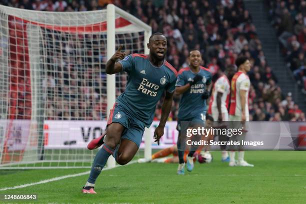 Lutsharel Geertruida of Feyenoord celebrates 2-3 during the Dutch Eredivisie match between Ajax v Feyenoord at the Johan Cruijff Arena on March 19,...