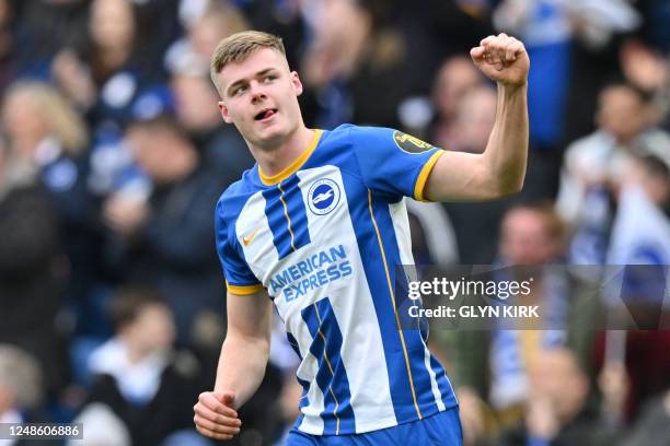 Brighton's Irish striker Evan Ferguson celebrates after scoring his team second goal during the English FA Cup quarter-final football match between...