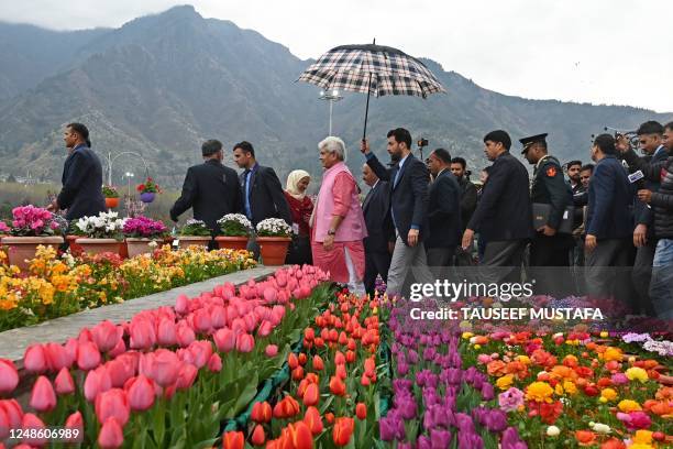 Lieutenant Governor of India's Jammu and Kashmir state Manoj Sinha walks during the inauguration of the Tulip garden in Srinagar on March 19, 2023.