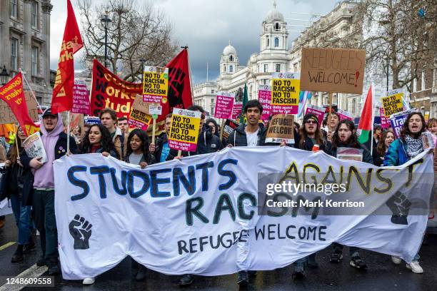 Student anti-racist campaigners march from the BBC's Broadcasting House to Downing Street during a Resist Racism demonstration organised by Stand Up...