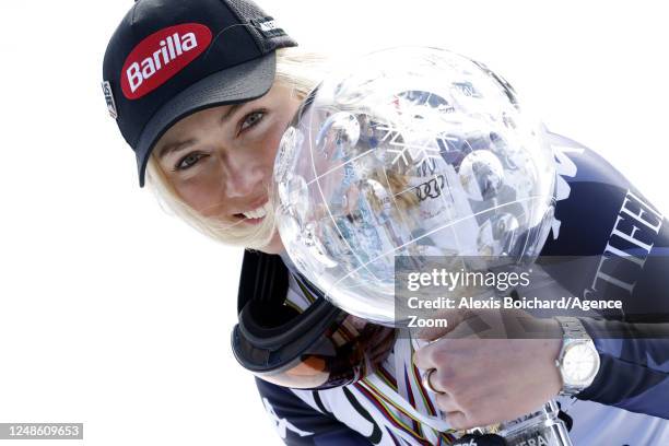 Mikaela Shiffrin of Team United States wins the globe in the overall standings during the Audi FIS Alpine Ski World Cup Finals Women's Giant Slalom...