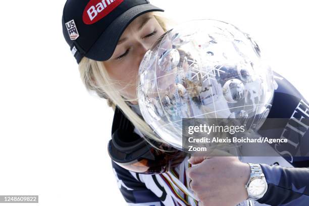 Mikaela Shiffrin of Team United States wins the globe in the overall standings during the Audi FIS Alpine Ski World Cup Finals Women's Giant Slalom...