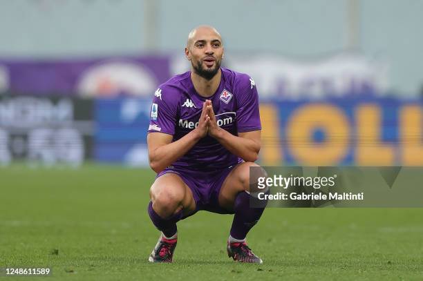 Sofyan Amrabat of ACF Fiorentina reacts during the Serie A match between ACF Fiorentina and US Lecce at Stadio Artemio Franchi on March 19, 2023 in...
