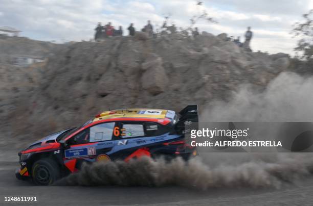 Spaniard driver Dani Sordo and Spaniard co-driver Candido Carrera of Hyundai Shell Mobis compete during the WRC Guanajuato Rally Mexico, part of the...