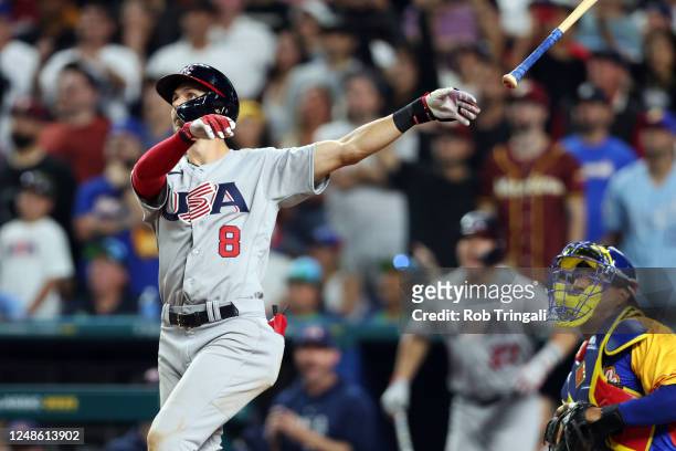Trea Turner of Team USA hits a grand slam in the eighth inning during the 2023 World Baseball Classic Quarterfinal game between Team USA and Team...