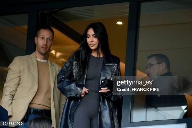 Media personality and socialite Kim Kardashian attends the French L1 football match between Paris Saint-Germain and Stade Rennais FC at The Parc des...