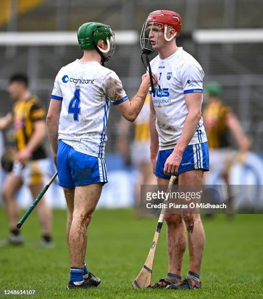 Kilkenny , Ireland - 19 March 2023; Calum Lyons, right, and Conor Ryan of Waterford after their side's defeat in the Allianz Hurling League Division...