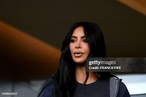 Media personality and socialite Kim Kardashian attends the French L1 football match between Paris Saint-Germain and Stade Rennais FC at The Parc des...