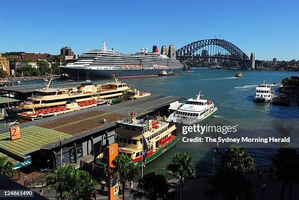 The Cunard passenger liner Queen Victoria docks at the International Passenger Terminal at Circular Quay at dawn, on its maiden voyage to Sydney. The...