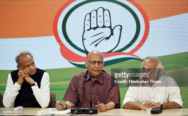 Senior Congress leaders Abhishek Manu Singhvi Jairam Ramesh , and Rajasthan CM Ashok Gehlot addressing a press conference at AICC Headquarters, on...