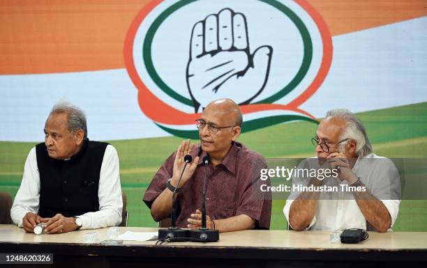 Senior Congress leaders Abhishek Manu Singhvi Jairam Ramesh , and Rajasthan CM Ashok Gehlot addressing a press conference at AICC Headquarters, on...