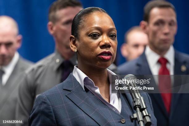 Police Commissioner Keechant Sewell speaks at Attorney General Letitia James' announcement that the Attorney General's Office, Drug Enforcement...
