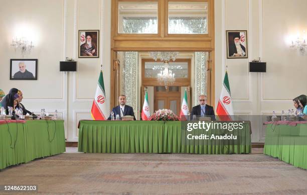 Minister of Foreign Affairs of Iran, Hossein Amir-Abdollahian gives a news conference in Tehran, Iran on March 19, 2023.