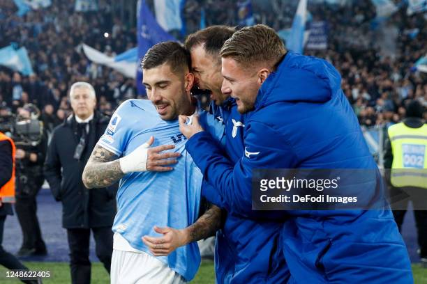 Mattia Zaccagni of SS Lazio celebrates after scoring his team's first goal with teammates during the Serie A match between SS Lazio and AS Roma at...