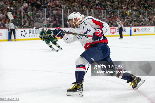 Washington Capitals left wing Alex Ovechkin shoots the puck during the NHL game between the Washington Capitals and Minnesota Wild, on March 19th at...