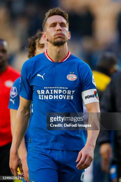 Luuk de Jongof PSV Eindhoven looks on after the Dutch Eredivisie match between SBV Vitesse and PSV Eindhoven at Gelredome on March 19, 2023 in...