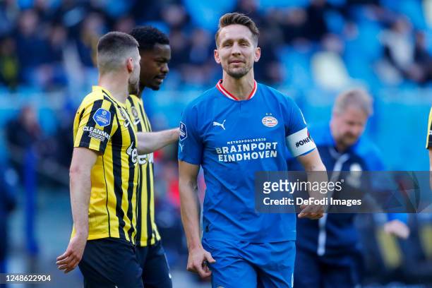 Luuk de Jongof PSV Eindhoven looks on during the Dutch Eredivisie match between SBV Vitesse and PSV Eindhoven at Gelredome on March 19, 2023 in...