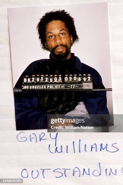 Gary Williams poses for his mug shot after being arrested by police for his actions against Reginald Denny during the 1992 Los Angeles riots on May...