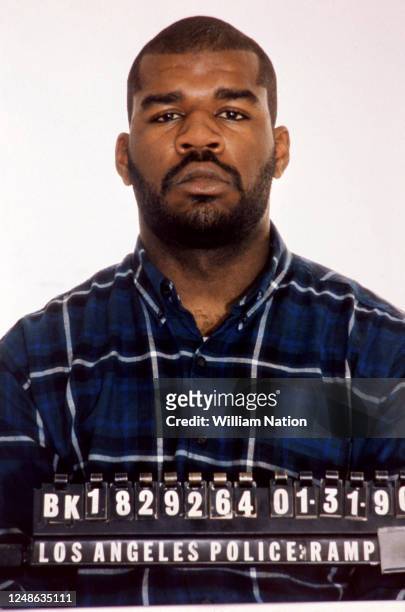 Henry "Kiki" Watson poses for his mug shot after being arrested by police for his actions against Reginald Denny during the 1992 Los Angeles riots on...