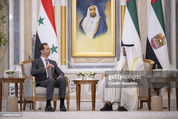 President of the United Arab Emirates, Mohamed bin Zayed Al Nahyan meets Syrian President Bashar Al Assad at Qasr Al-Waá¹­an in Abu Dhabi, United...