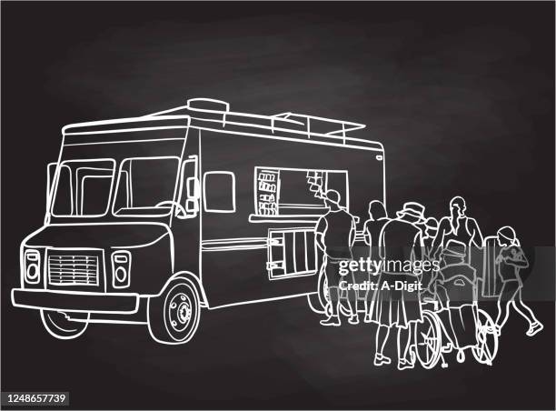 ilustrações de stock, clip art, desenhos animados e ícones de food truck customers chalkboard - family lunch