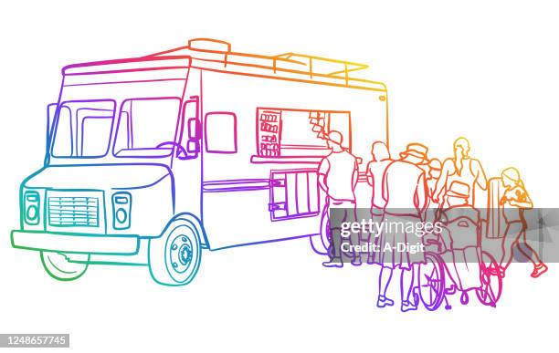 ilustrações de stock, clip art, desenhos animados e ícones de food truck customers rainbow - family lunch