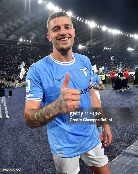 Sergej Milinkovic-Savic of SS Lazio celebrates the victory after the Serie A match between SS Lazio and AS Roma at Stadio Olimpico on March 19, 2023...