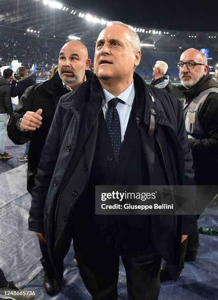 Claudio Lotito President of SS Lazio celebrates the victory after the Serie A match between SS Lazio and AS Roma at Stadio Olimpico on March 19, 2023...