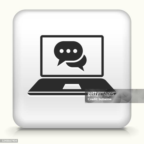 laptop computer with chat bubble icon - speech bubble 3d render stock illustrations