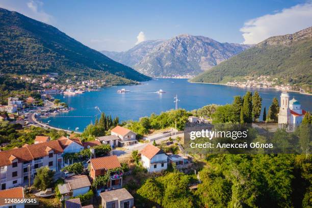 panoramic view on kotor bay and the chapel josice, montenegro. - montenegro stockfoto's en -beelden