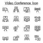 Set of Video conference line Icons. Contains such Icons as online meeting, business communication, team, classroom, online education, presentation, work from home and more. Vector illustration graphic design