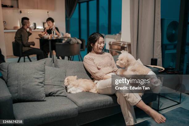 an asian chinese teenager girl watching tv at home on sofa with her pets while her mother and brother at dining room having meals at night - watching tv couple night stock pictures, royalty-free photos & images