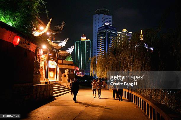 The night scene of an array of edifices and the Jiaxiulou Tower, the city's landmark ancient building for sightseeing, on September 9, 2011 in...