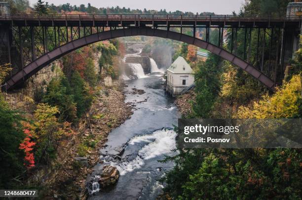 rainbow falls & ausable chasm bridge - watermill stock pictures, royalty-free photos & images