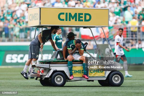 Bruno Tabata of Palmeiras leaves the field injured during a match between Palmeiras and Ituano as part of Semi-finals of Campeonato Paulista at...
