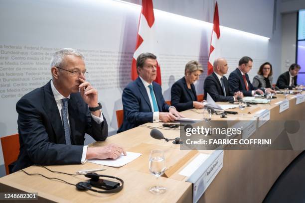 Credit Suisse chairman Axel Lehmann, UBS Chairman Colm Kelleher, Swiss Finance Minister Karin Keller-Sutter, Swiss President Alain Berset, Chairman...