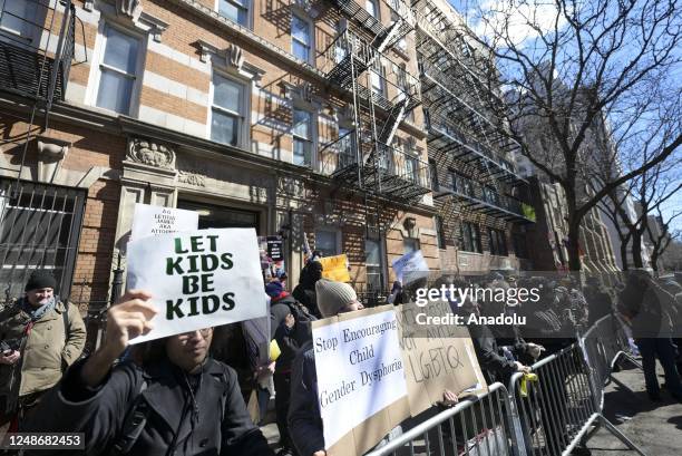 Group of protesters gather outside a Manhattan drag story hour hosted by state Attorney General Letitia James as counter-protesters lined the...