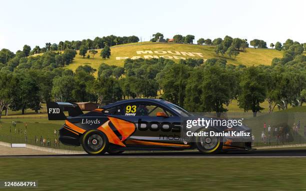 Brock Feeney drives the Boost Mobile Ford Mustang during practice for round 10 of the Supercars All Stars Eseries at Mount Panorama, Bathurst on June...