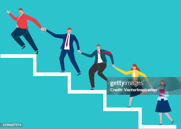 fat leaders lead team members to climb higher steps hand in hand - pulling stock illustrations