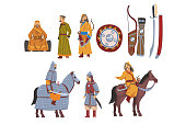 Mongol Nomad Warriors in Traditional Clothing with Weapon Collection, Central Asian Characters Vector Illustration