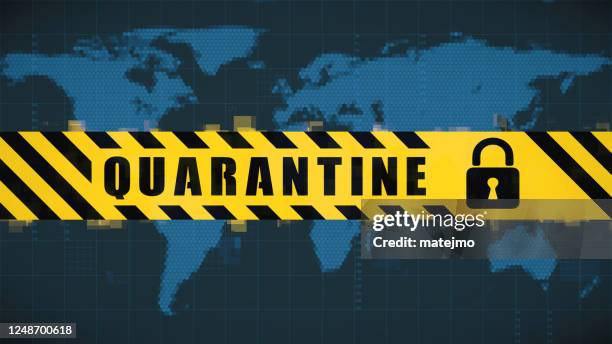 horizontal quarantine lockdown message design cordon tape with a padlock symbol on hexagon world map - security screen stock illustrations