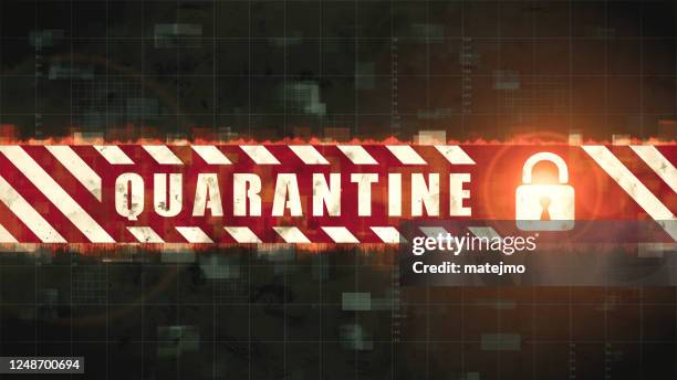 red and white quarantine message lockdown abstract design cordon tape with a glowing padlock symbol and digital infographic grid - security screen stock illustrations