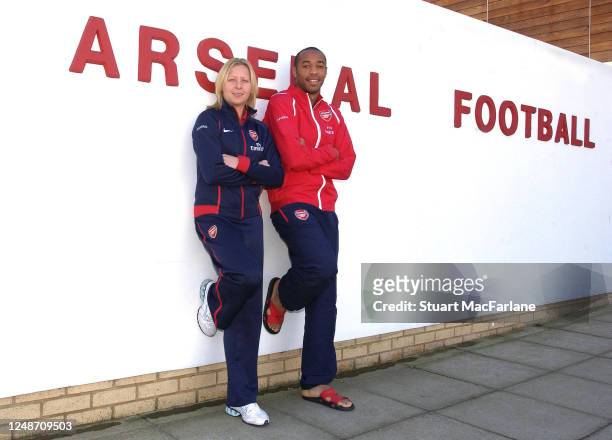 Jayne Ludlow and Thierry Henry the captains of Arsenal during an Arsenal magazine photoshoot at the Arsenal training ground on November 3, 2006 in...