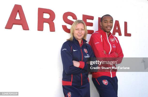 Jayne Ludlow and Thierry Henry the captains of Arsenal during an Arsenal magazine photoshoot at the Arsenal training ground on November 3, 2006 in...
