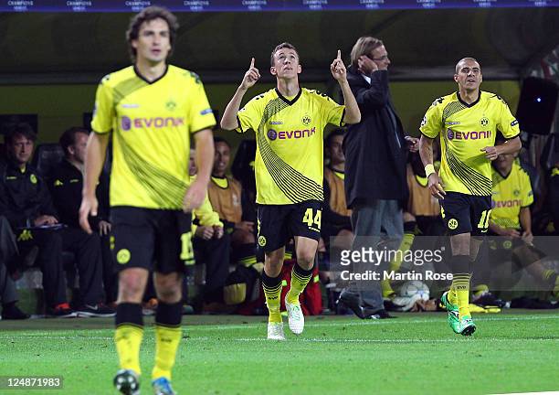 Ivan Perisic of Dortmund celebrates after he scores his team's equalizing goal during the Champions League Group F match between Borussia Dortmund...
