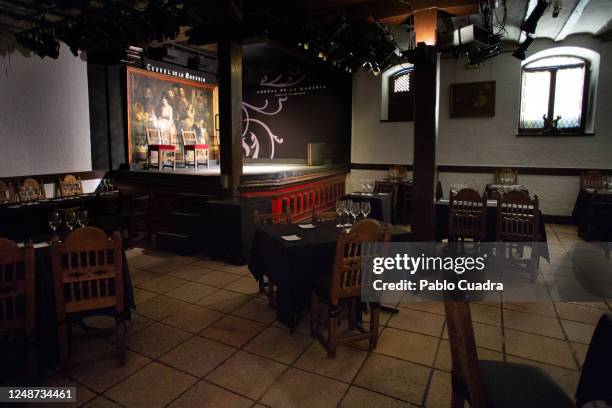 View of an empty Corral de la Moreria 'tablao flamenco' on June 10, 2020 in Madrid, Spain. A venue where flamenco shows take place with references to...