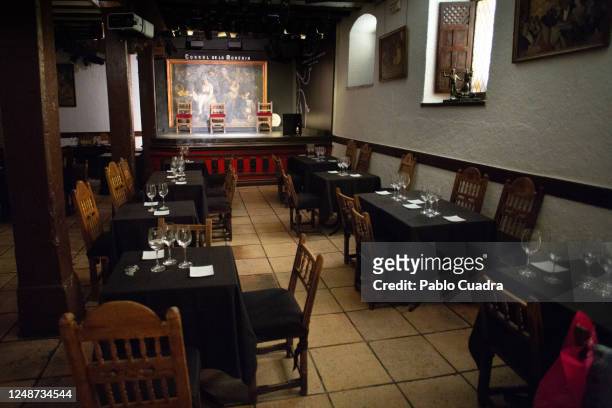 View of an empty Corral de la Moreria 'tablao flamenco' on June 10, 2020 in Madrid, Spain. A venue where flamenco shows take place with references to...