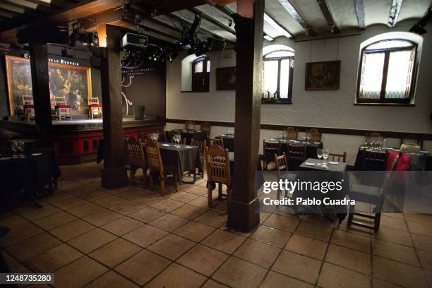 View of an empty Corral de la Moreria 'tablao flamenco' on June 10, 2020 in Madrid, Spain. A venue where flamenco shows take place with references to...