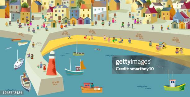 fishing / seaside village or town - promenade stock illustrations
