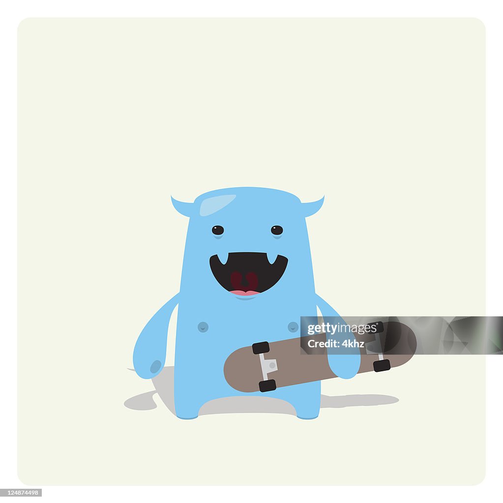 Cute Blue Vector Character Happy with a Skateboard